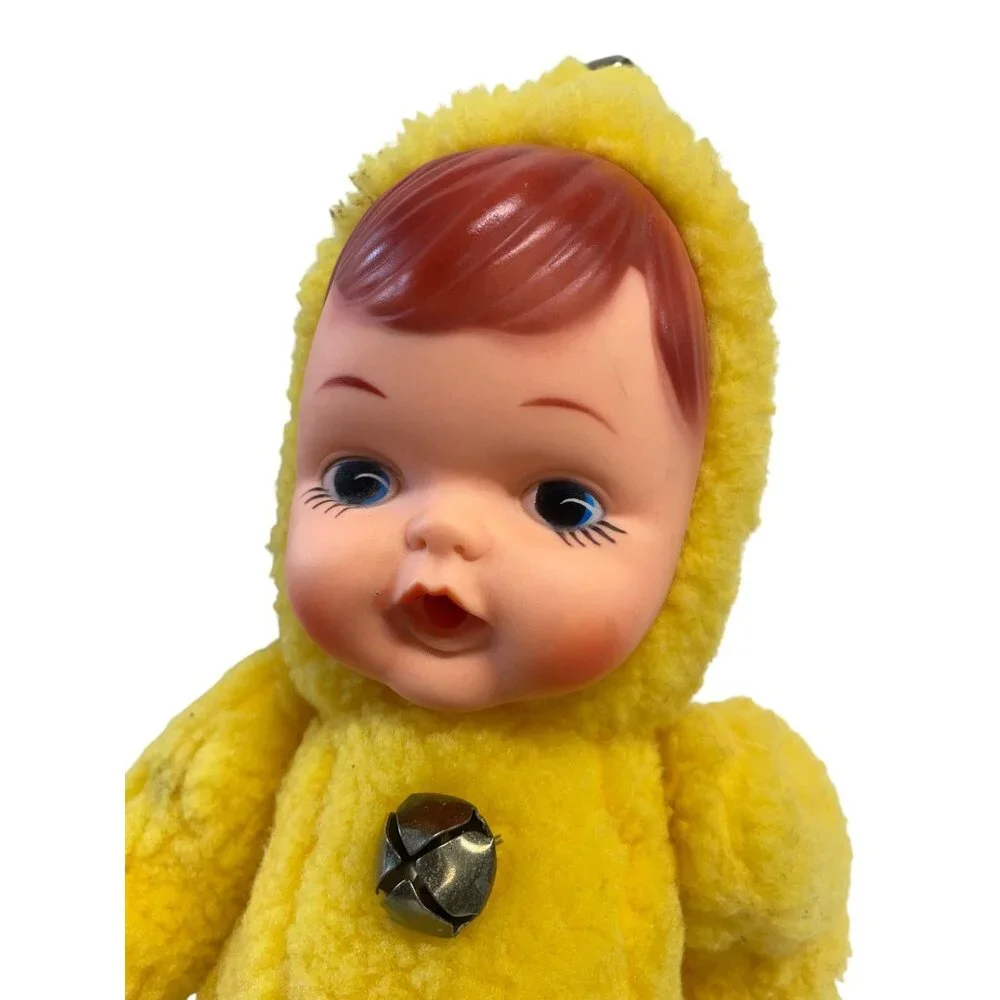 Vintage Yellow Rubber Face‎ Plush Baby Doll With Red Hair & Bell Accents